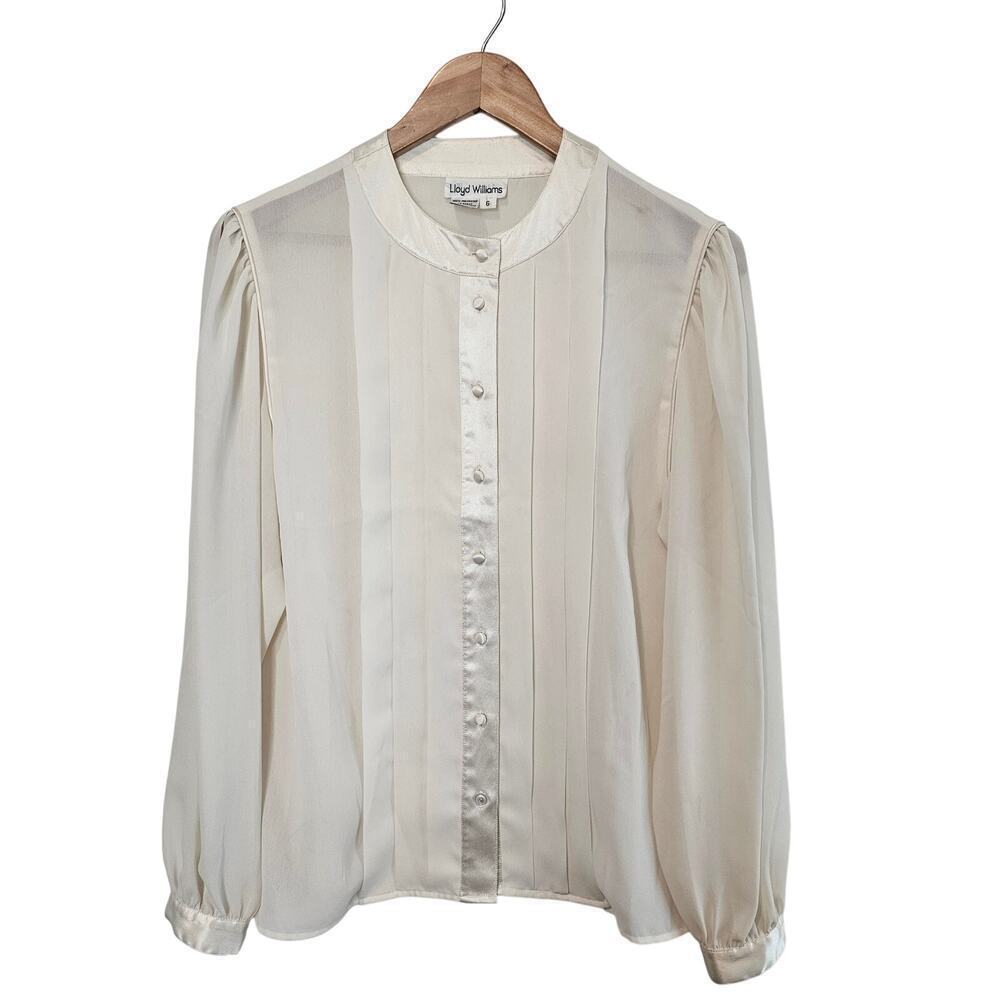 Vintage Lloyd Williams Blouse Womens Size 6 White 80s Silky Rock Glam Coquette